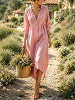 Women's Solid Textured Collar Button Front Gathered 3/4 Sleeve Linen Midi Dress