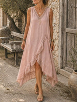 Women's Solid Crochet Lace Panel Irregular Ruffle Sleeveless Maxi Dress