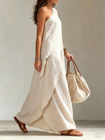 Women's One-Shoulder Draped Linen-Blend Maxi Dress
