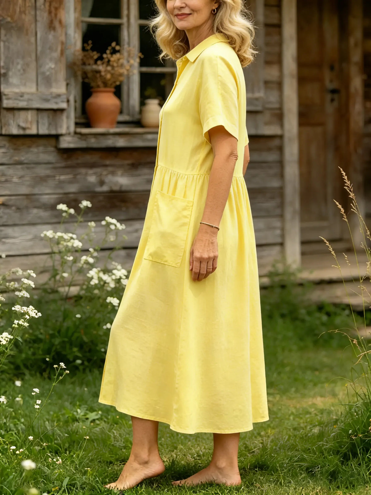 Women's Solid Collar Full Button Dual Pocket Short Sleeve Linen Midi Dress