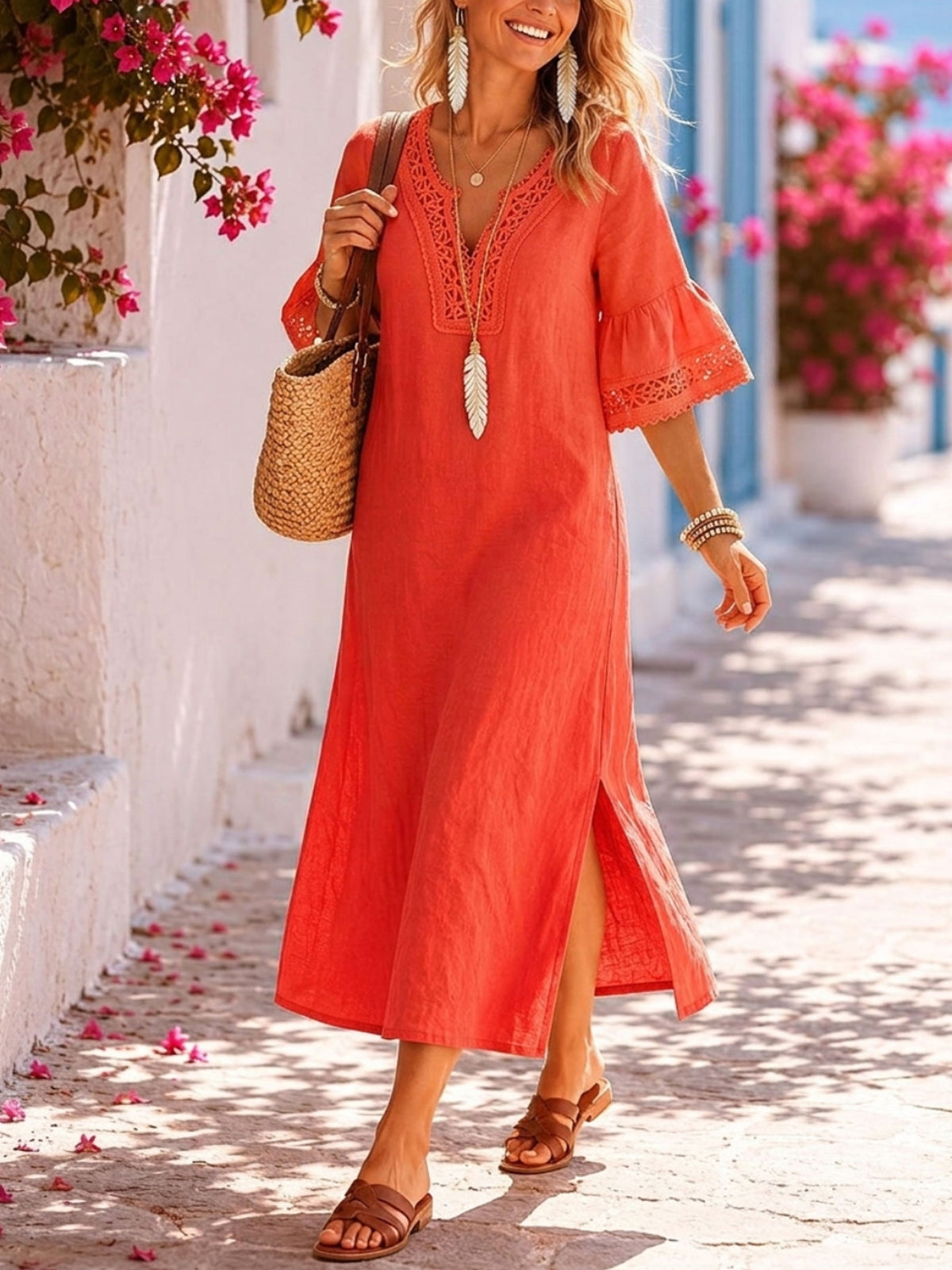 Women’s Crochet Lace V-Neck Linen Midi Dress With Side Slits