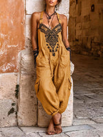 (Ships in 24Hrs)Women's V-neck Sleeveless Wide-leg Jumpsuit — Casual, Loose-fit Cotton-linen Blend With Placement Print