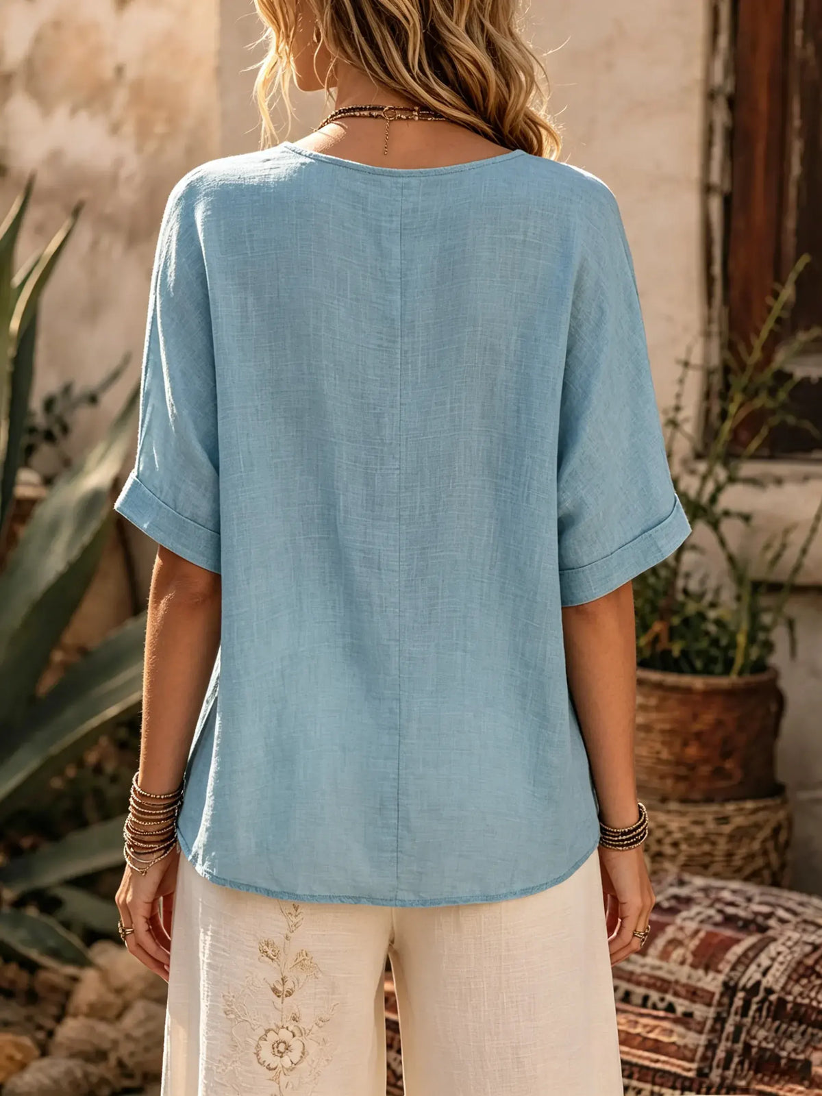 Women's Solid V-Neck Twist Front Half Button Cuff Short Sleeve Linen Blouse