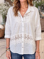 Vintage Art Comfortable Summer Fabrics Cotton Linen Patchwork Openwork Lace Shirt