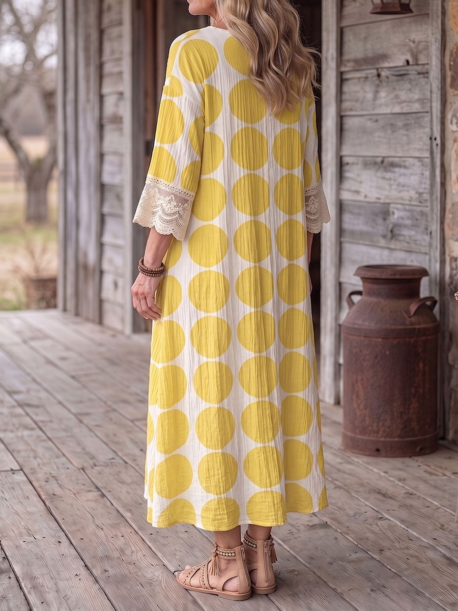 Vintage Art Comfortable Summer Fabrics Cotton Linen Patchwork Lace Dress