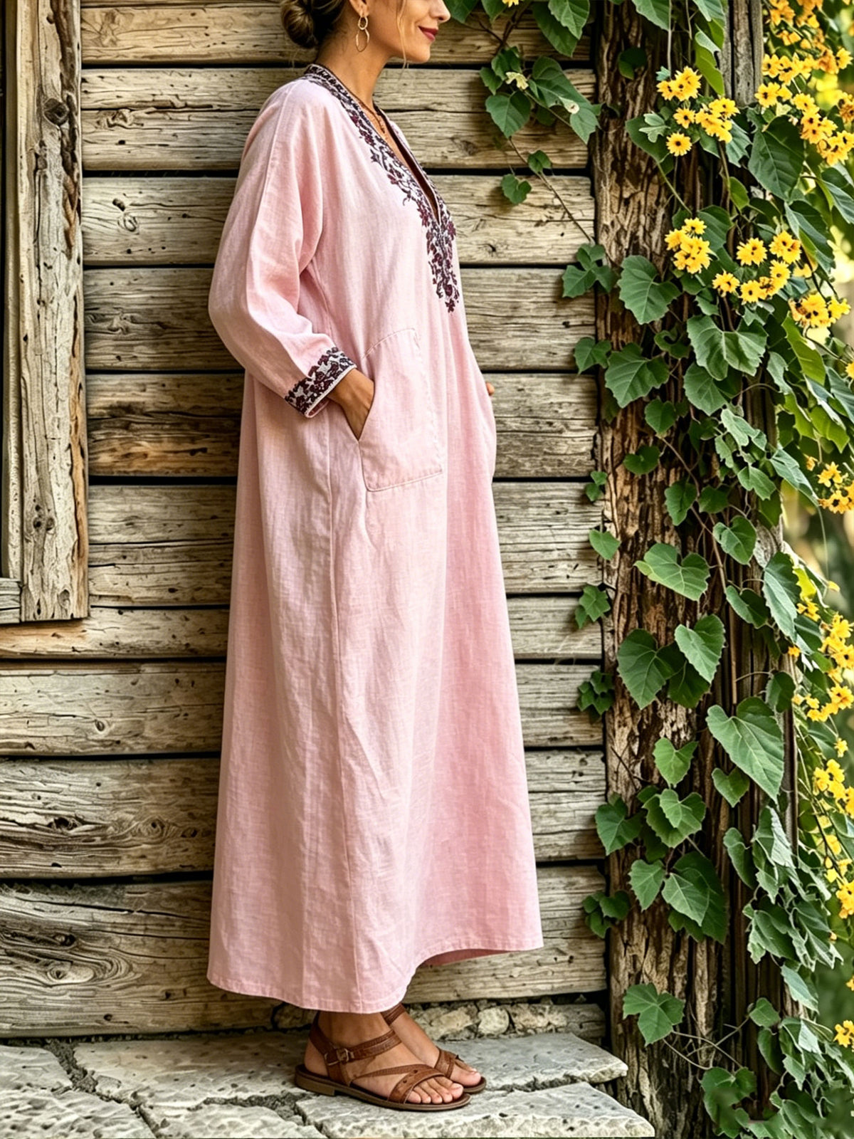 Women’s Casual Cotton Embroidered Print Collar V Neck Long Sleeve Pocket Dress