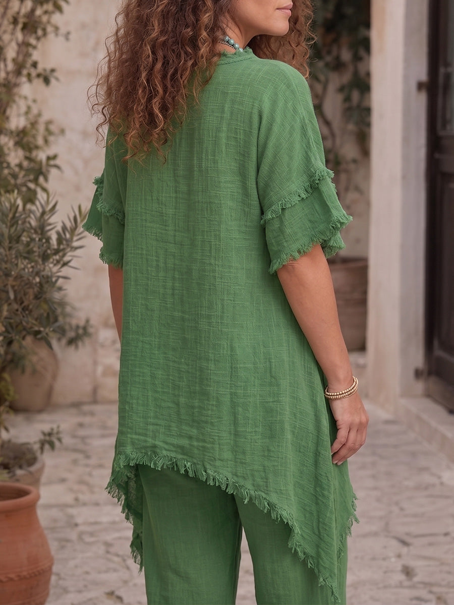 Vintage Art Comfortable Summer Fabrics Asymmetrical Cotton-Linen Blend Shirt