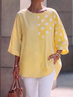 Sunny Yellow Striped And Polka-dot Patchwork Cotton-linen Top