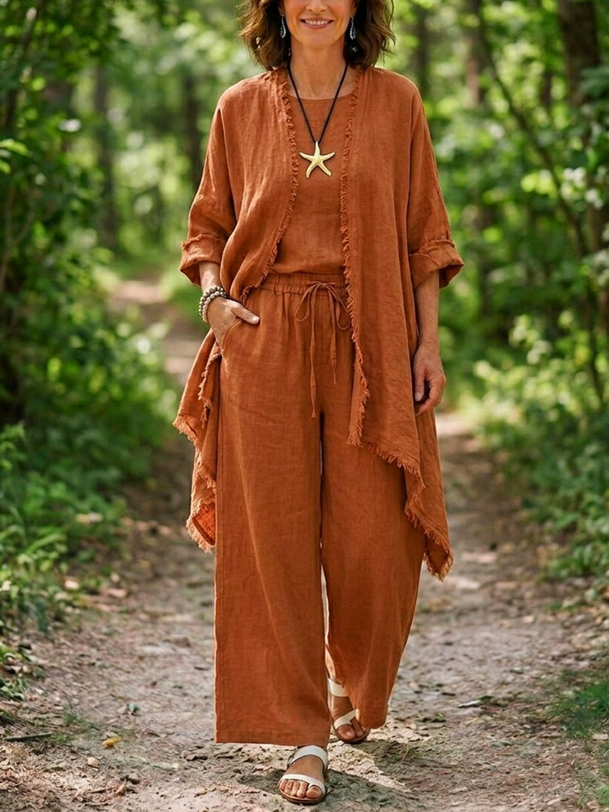 Womens Terracotta Frayed Trim Linen 3 Piece Outfit, Tank Top + Fringe Kimono Cardigan & Drawstring Wide Leg Pants Set