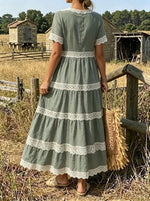 Women's Olive Green Lace Tiered Maxi Dress