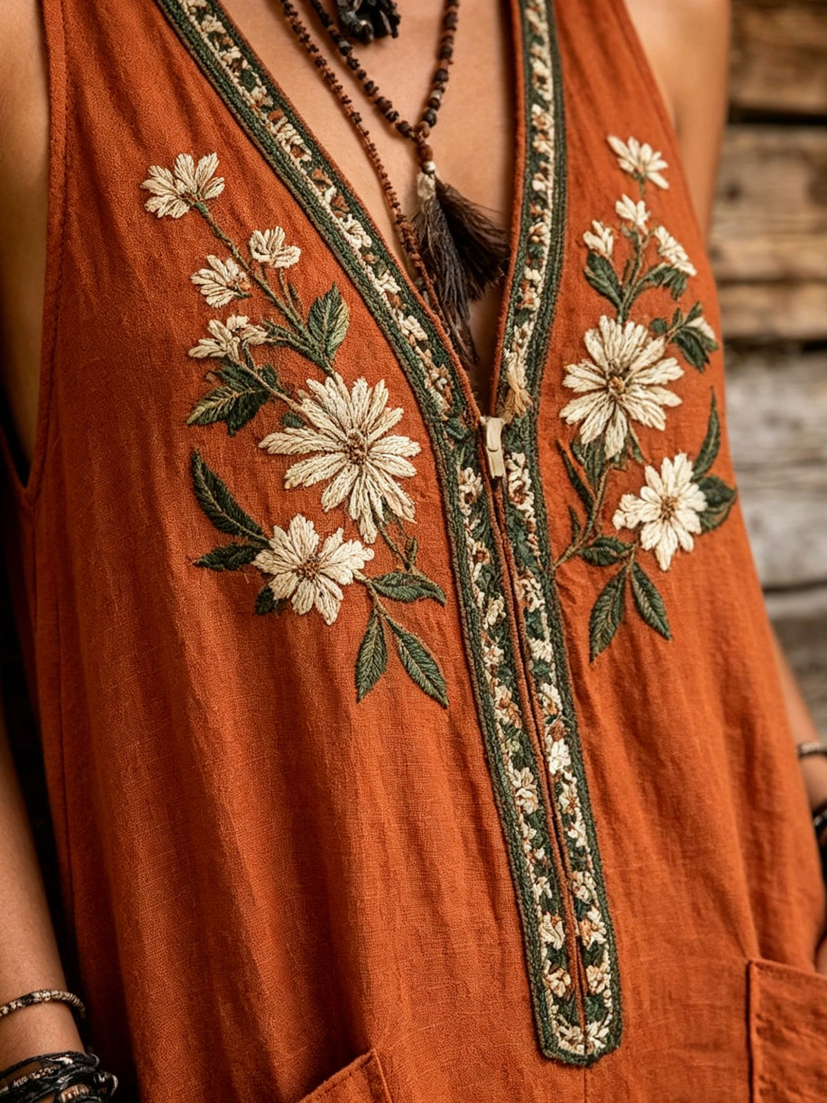 Women's Boho Floral Embroidered Jumpsuit – Sleeveless V-Neck Cotton Linen Romper with Pockets