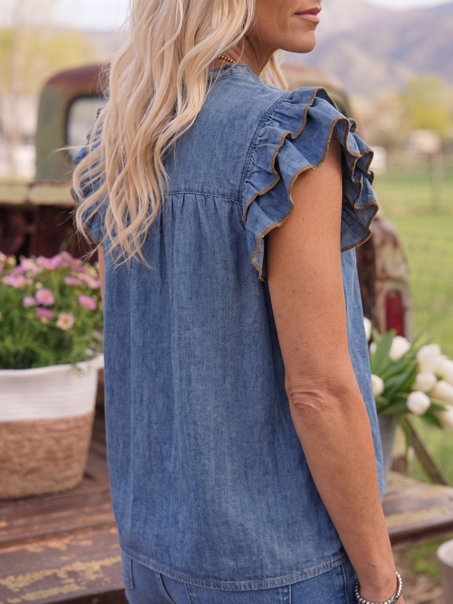 Vintage Art Comfortable Summer Fabrics Denim Ruffled Shirt