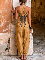 (Ships in 24Hrs)Women's V-neck Sleeveless Wide-leg Jumpsuit — Casual, Loose-fit Cotton-linen Blend With Placement Print