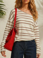 Women’s Off Shoulder Striped Loose Long Sleeve Cotton Linen Top