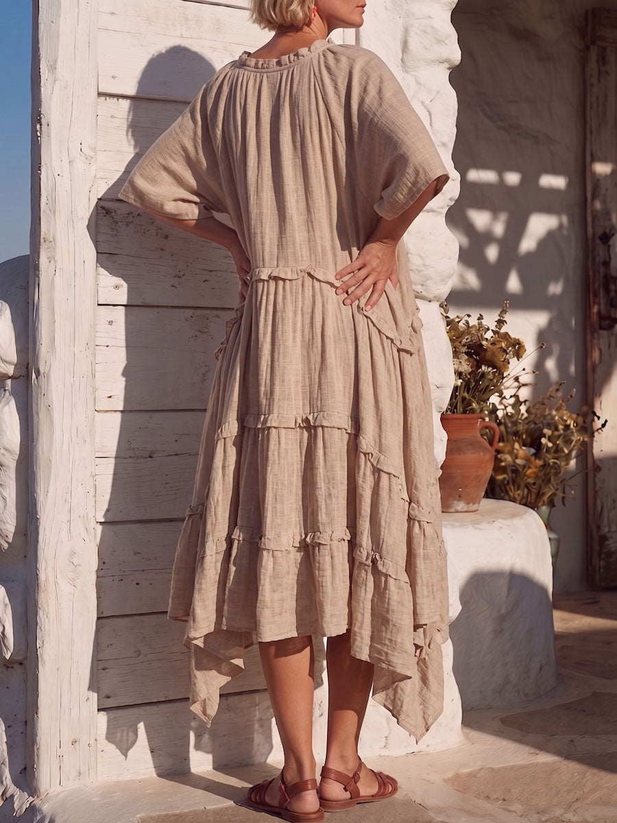 Vintage Art Comfortable Summer Fabrics Cotton Linen Patchwork Lace Dress
