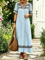 Women Solid Ethnic Embroidery Button Down Short Sleeve Shirt Dress