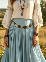 Women's Solid Pleated Flowy High Waist Boho Maxi Skirt