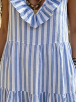 Women's Blue and White Striped Ruffled Layered Dress