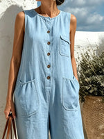 Women Solid Textured Round Neck Sleeveless Wide Leg Jumpsuit