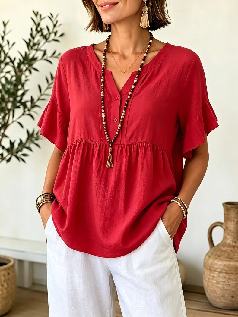 Women Solid Notch Neck Gathered Ruffle Short Sleeve Blouse