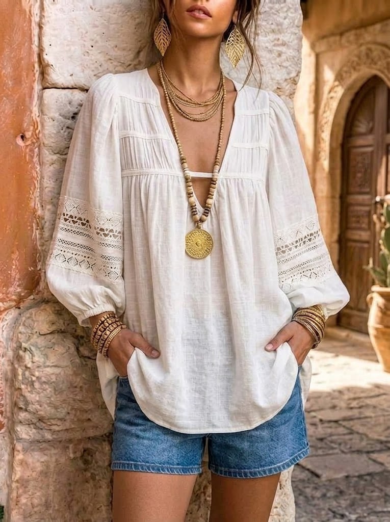 Women's V-Neck Lace-Sleeve Blouse