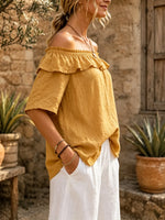 Women Solid Ruffle Off Shoulder Short Sleeve Top