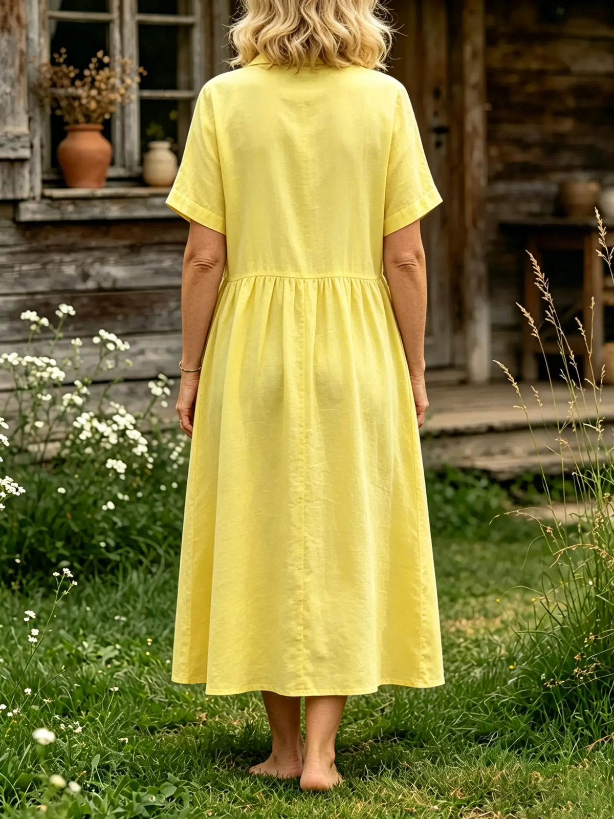 Women's Solid Collar Full Button Dual Pocket Short Sleeve Linen Midi Dress