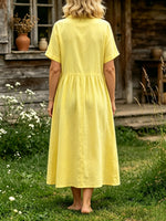 Women's Solid Collar Full Button Dual Pocket Short Sleeve Linen Midi Dress