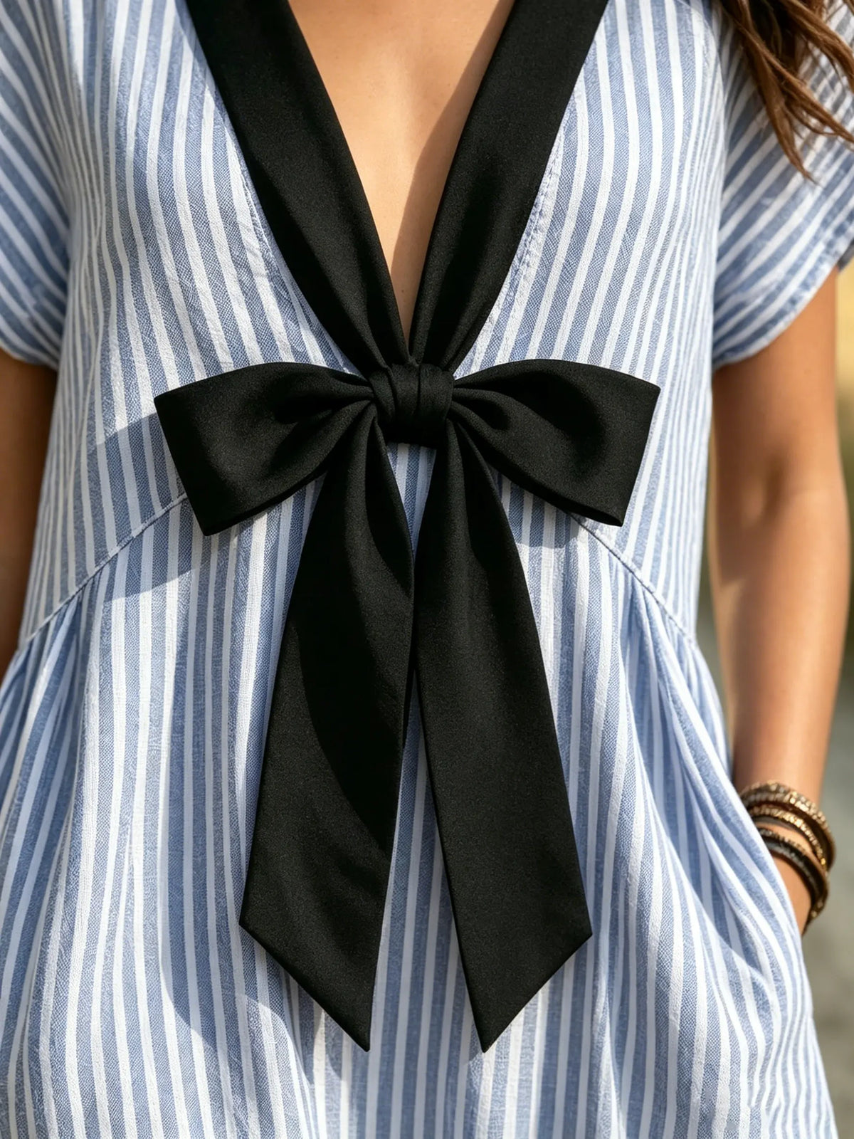 Women's Striped V-Neck Bow Maxi Dress
