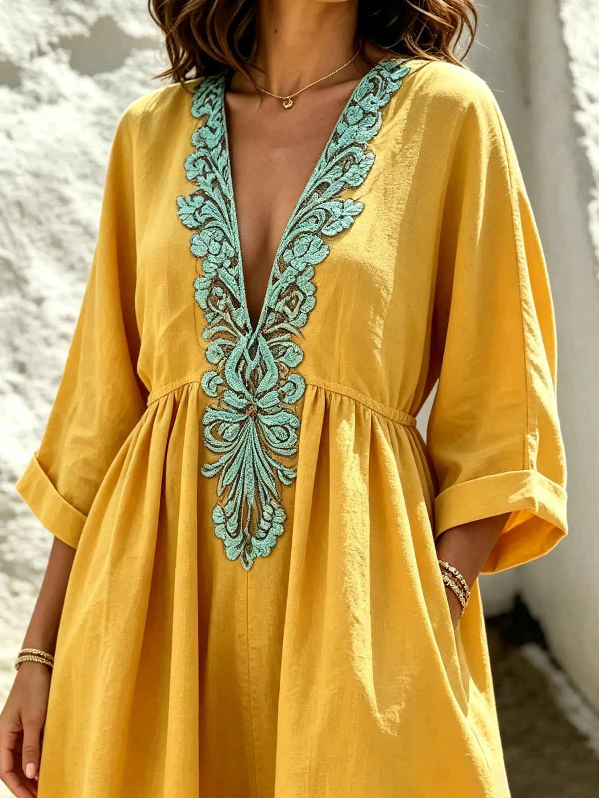 Women's Solid Mint Embroidery V-Neck Loose Kaftan Maxi Dress