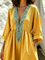 Women's Solid Mint Embroidery V-Neck Loose Kaftan Maxi Dress