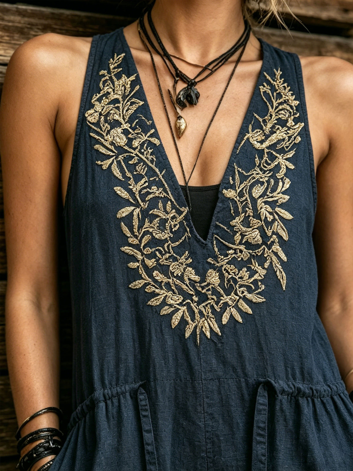 Women's Boho Embroidered Wide Leg Jumpsuit – Sleeveless V-Neck Cotton Linen Romper with Pockets