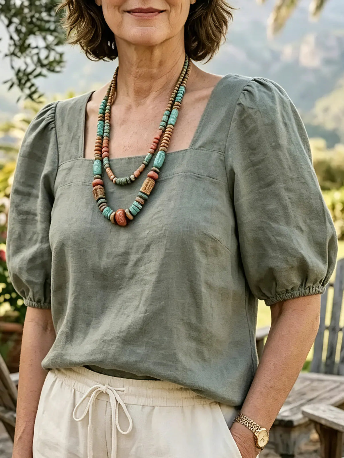 Women's Solid Square Neck Puff Short Sleeve Loose Linen Top