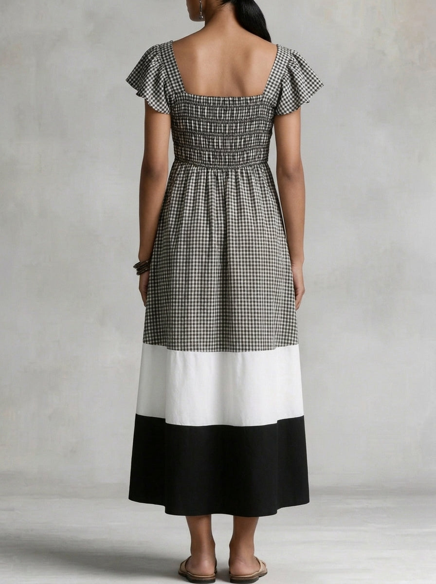 Women’s Gingham Color Block Square Neck Ruffle Sleeve Cotton Linen Midi Dress