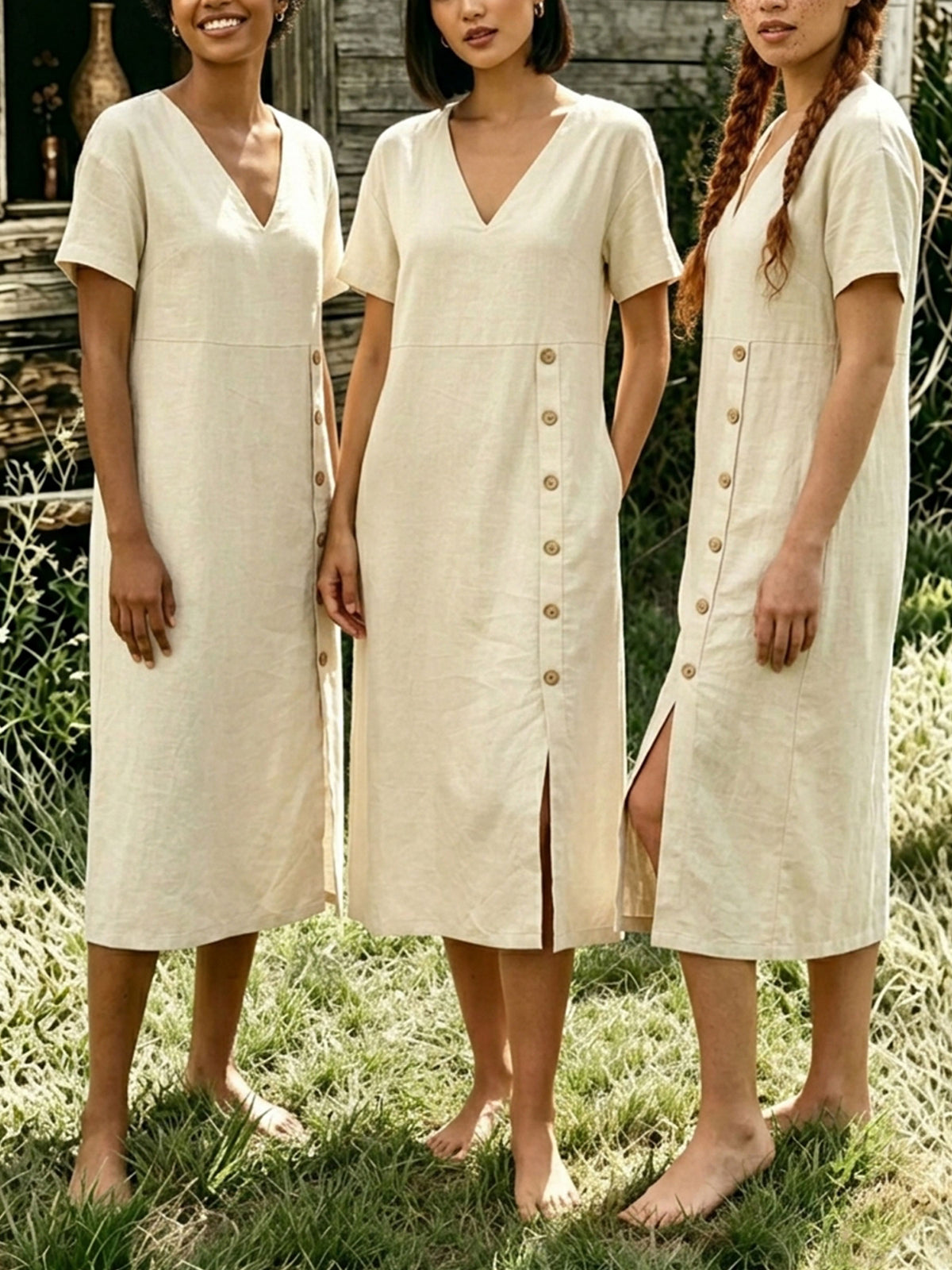 Women’s Casual Cotton Side-button Slit Short Sleeve V Neck Pocket Dress