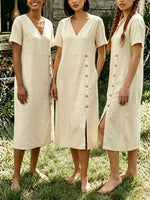 Women’s Casual Cotton Side-button Slit Short Sleeve V Neck Pocket Dress