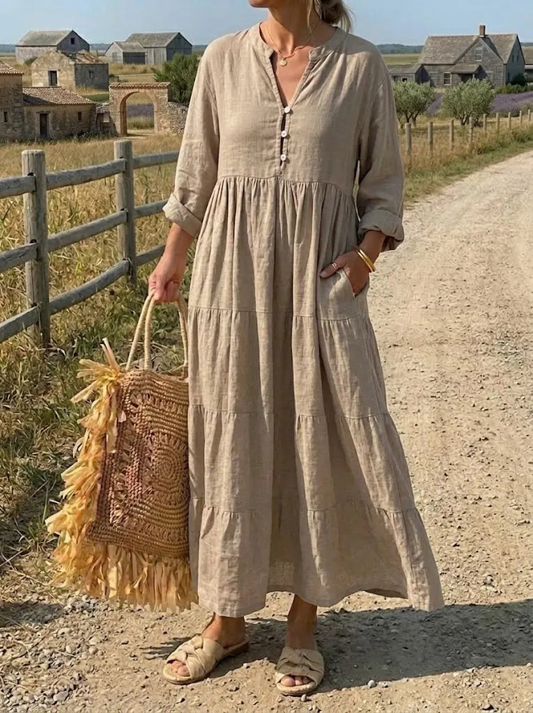 Oatmeal Rustic Charm Tiered Linen Dress