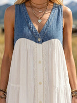 Women'sDenim V Neck Sleeveless Button Down Tiered White Maxi Dress With Pockets