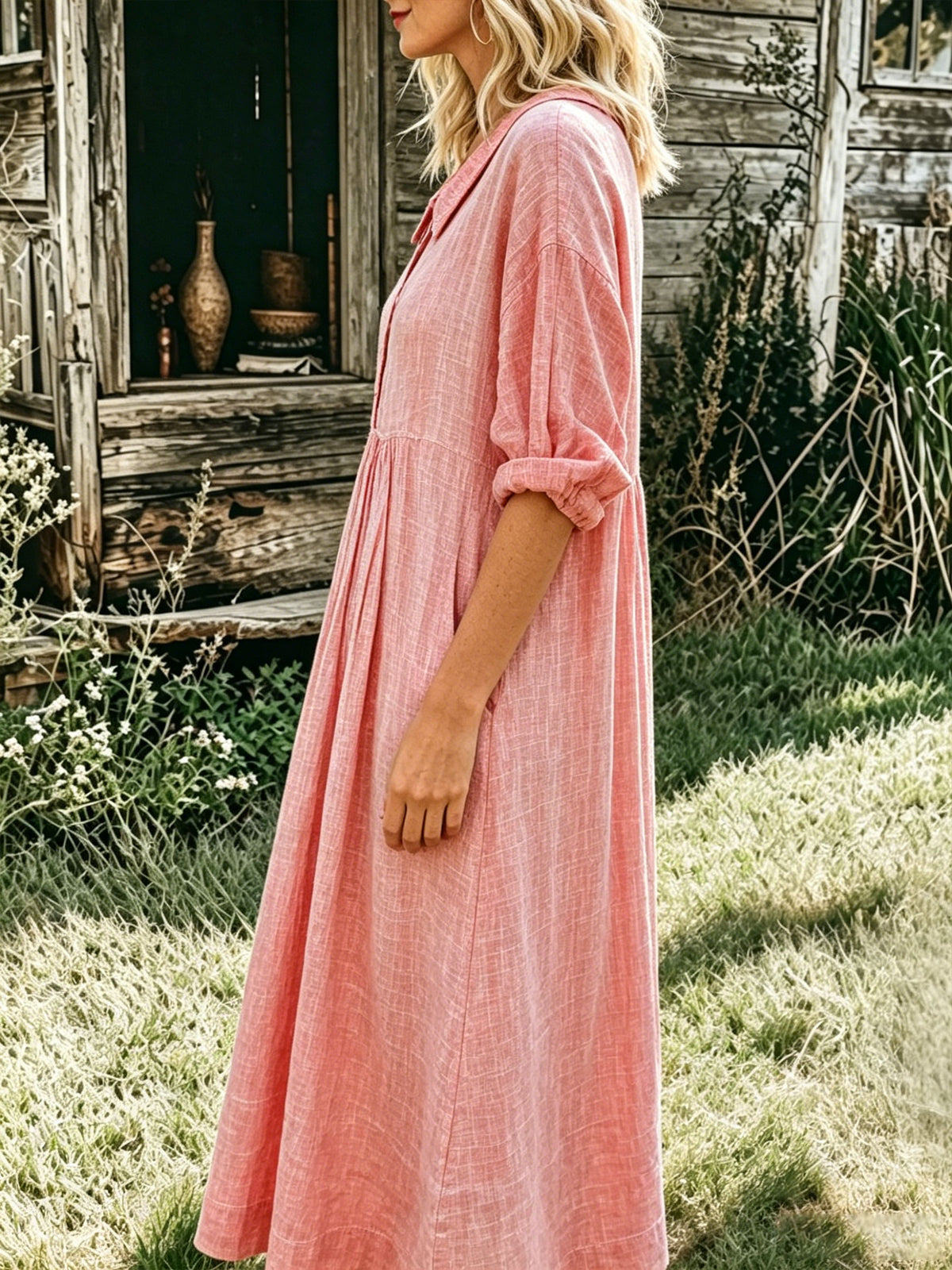 Women’s Casual Cotton And Linen Bottom Pocket Dress