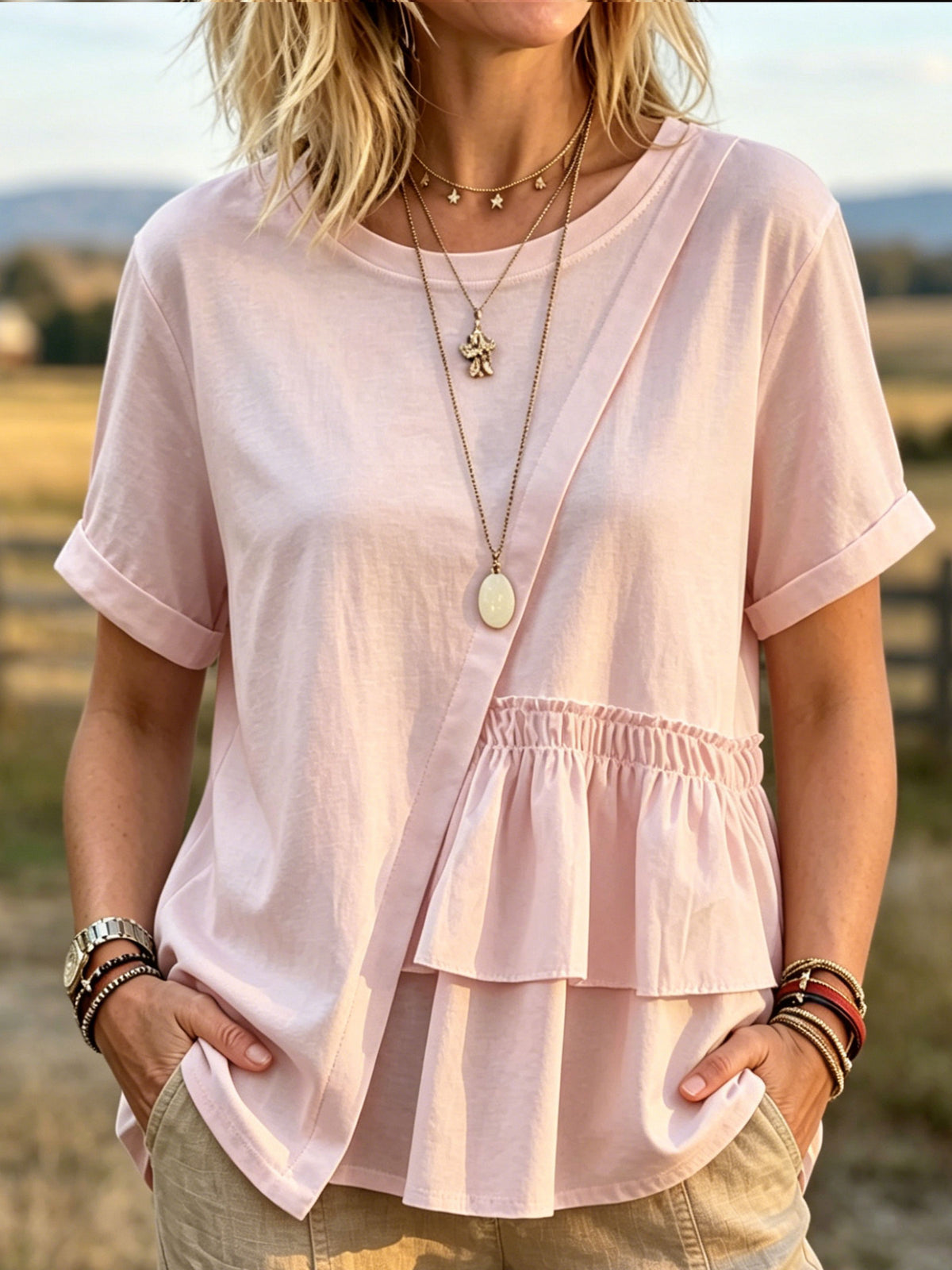 Women’s Round Neck Rolled Cuff Layered Ruffle Hem Casual Blouse
