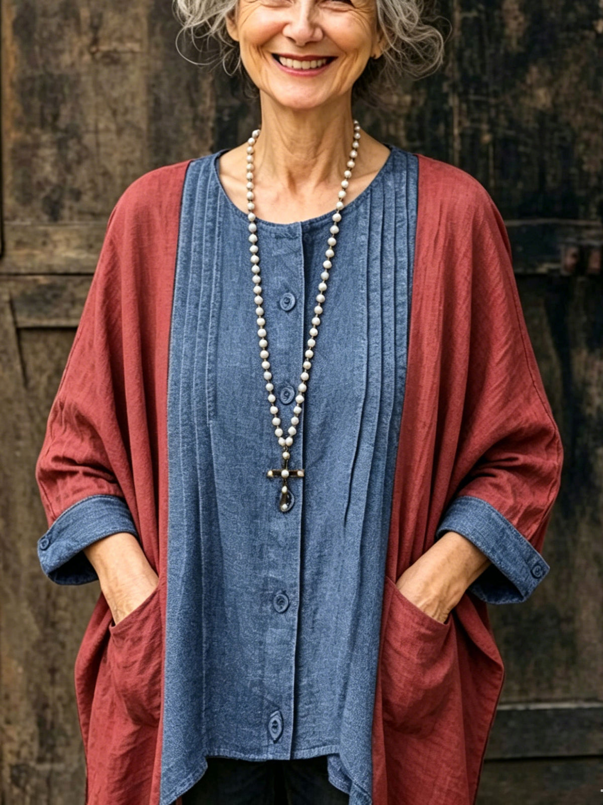 Women’s Two-tone Contrast Linen Kimono Cardigan, Denim Cuff Open Front Loose Cover Up With Pockets