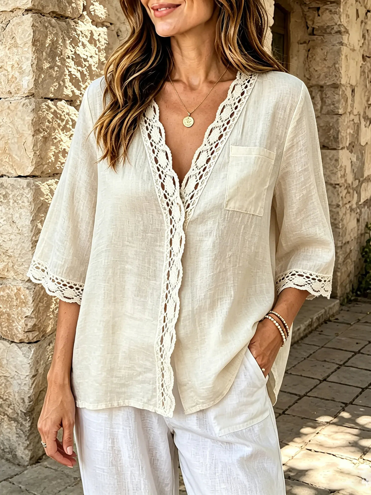 Women Solid Cutout Lace Patch V-Neck 3/4 Sleeve Blouse