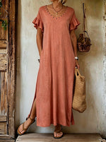 Women's Ruffled Sleeve Rivet V-neck Slit Maxi Casual Dress With Pocket