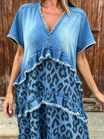 Women's Denim Patchwork Blue Leopard Multi Tier Ruffle Maxi Dress