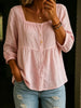 Women's Solid Square Neck Half Button Ruched 3/4 Puff Sleeve Cotton Linen Blouse