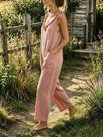 Women's Solid Textured Ruffle V-Neck Dual Pocket Loose Sleeveless Jumpsuit