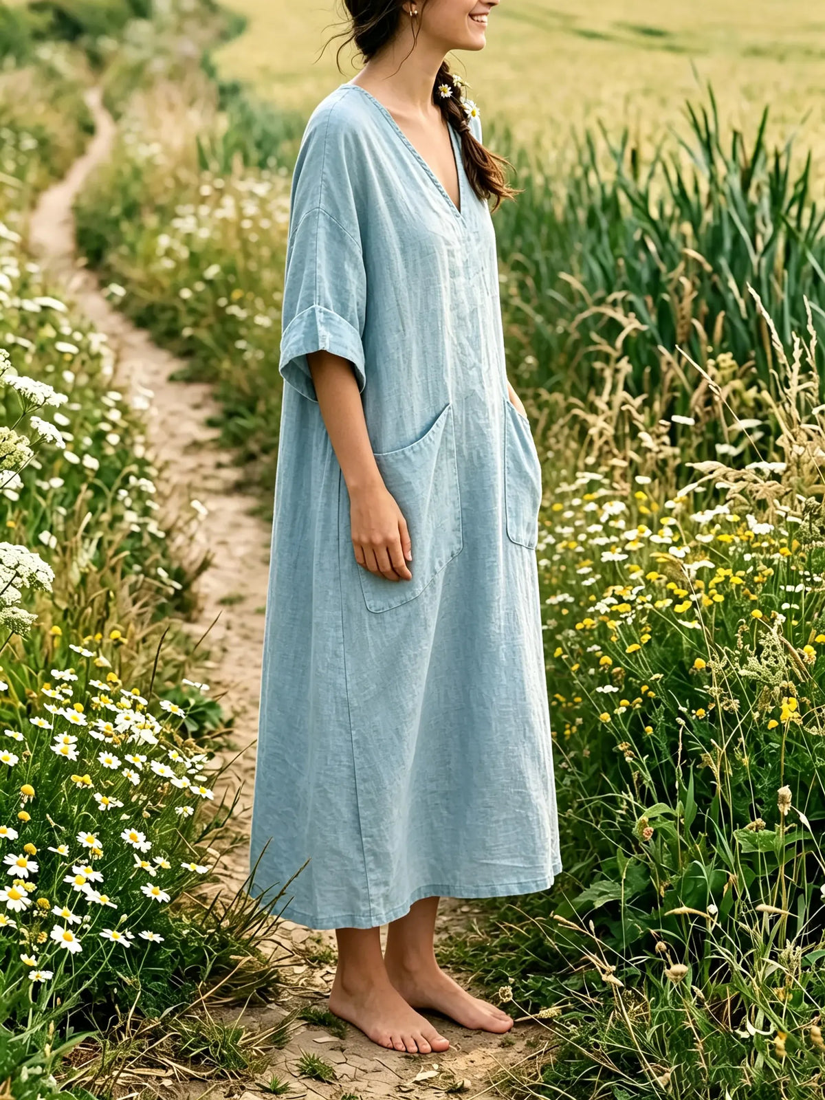 Women's Solid Simple Double Pocket V Neck Oversized Linen Midi Dress