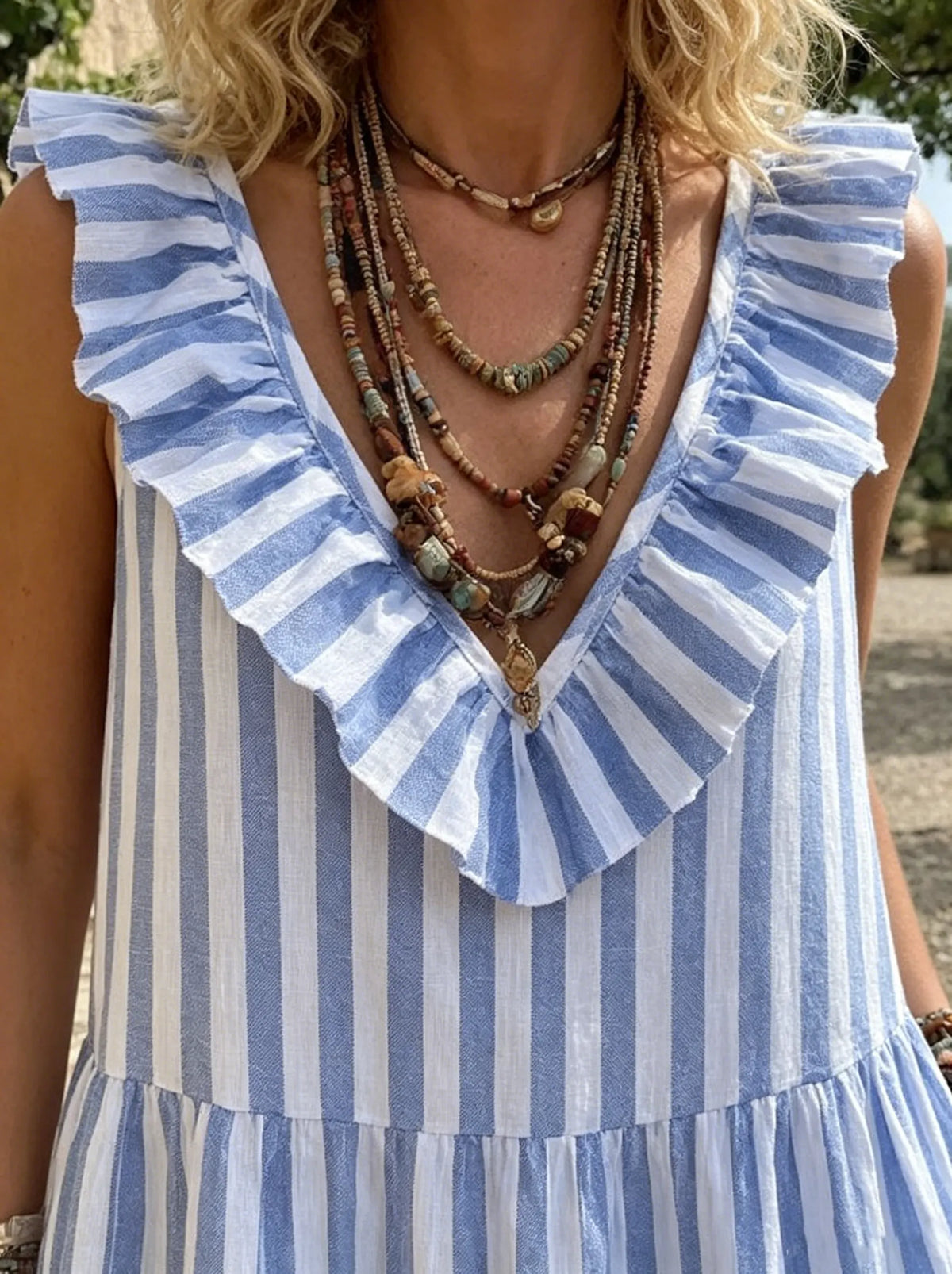 Women's Blue and White Striped Ruffled Layered Dress