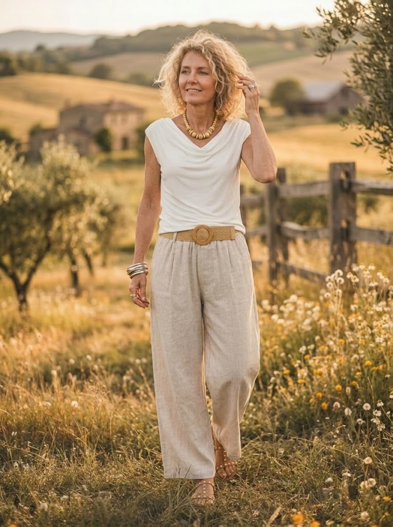 Women's Solid Linen-Blend Elastic Waist Wide Leg Trousers