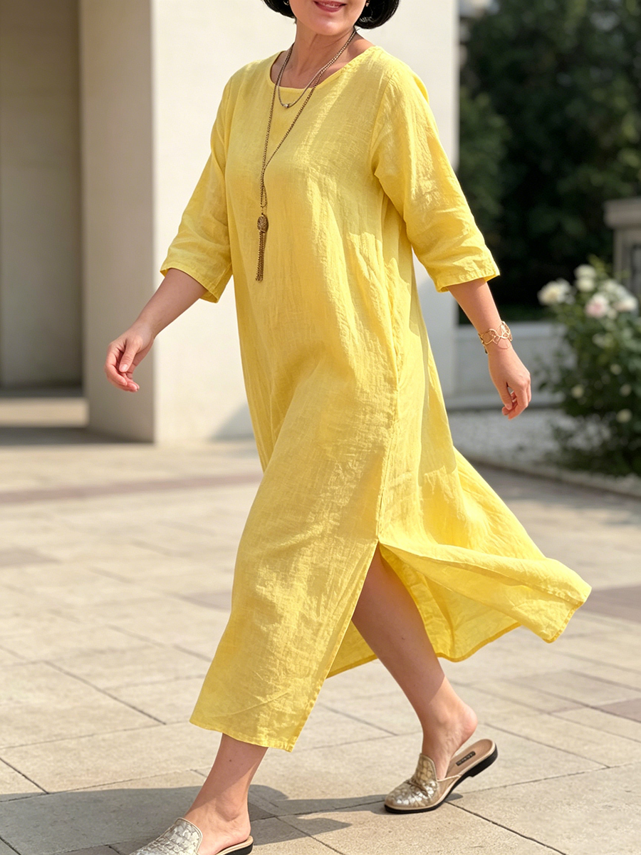 Sunny Yellow Cotton-linen Dress With Side Slits